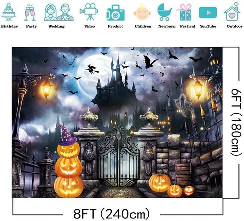 8X6FT Halloween Backdrops for Photography Halloween Backdrop Castle Bat Pumpkin Photography Backdrop for Party Decorations Supplies Photo Background Banner DH-704 in Kuwait