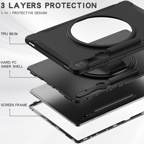 Protective Case for Galaxy Tab S10 Ultra 14.6 inch 2024, Shockproof Rugged Case for Samsung Tab S9 Ultra/S8 Ultra with Pencil Holder/Kickstand/Hand Strap for SM-X920/X910/X900, Black in Kuwait
