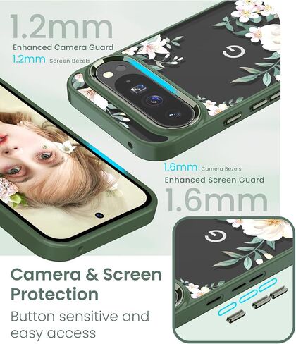 for Google 9 Pro XL Case+Tempered Glass Screen Protector, [Military Grade Protective] Slim Soft TPU & Hard PC,Girls Women Crystal Clear Flower Pattern Case Cover for Pixel 9 Pro XL-Magnolia in Saudi Arabia