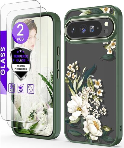 for Google 9 Pro XL Case+Tempered Glass Screen Protector, [Military Grade Protective] Slim Soft TPU & Hard PC,Girls Women Crystal Clear Flower Pattern Case Cover for Pixel 9 Pro XL-Magnolia in Saudi Arabia
