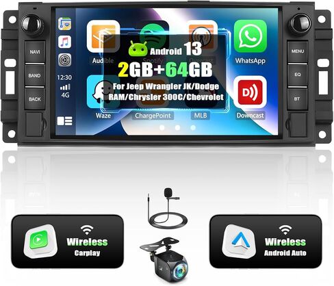 [2+64G] ستيريو سيارة Android 13 لسيارة Jeep Wrangler JK/Dodge RAM/Chrysler 300C/Chevrolet مع Carplay اللاسلكي وAndroid Auto، راديو سيارة بشاشة تعمل باللمس 7 بوصة مع وصلة مرآة BT FM/RDS WiFi GPS Dual USB in Kuwait