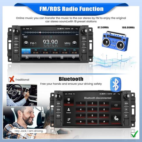 [2+64G] ستيريو سيارة Android 13 لسيارة Jeep Wrangler JK/Dodge RAM/Chrysler 300C/Chevrolet مع Carplay اللاسلكي وAndroid Auto، راديو سيارة بشاشة تعمل باللمس 7 بوصة مع وصلة مرآة BT FM/RDS WiFi GPS Dual USB in Kuwait