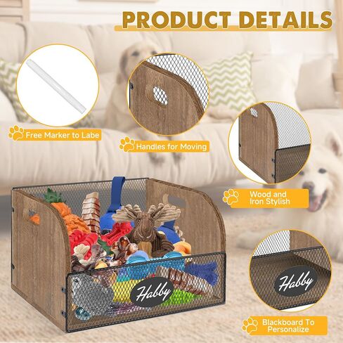 Large Dog Toy Bin with Handles, Wood Dog Toy Basket for Toy Chest, Dog Toy Box for dog toy Organization and Storage, Dog Toy Storage Bin with Metal Basket, Dog Toy Bin with Chalkboard and Marker in Saudi Arabia