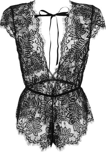 Anyou Womens Lingerie V-Neck Lace Bodysuit Mini Babydoll Featuring Plunging Eyelash Size XS-XXL in Kuwait