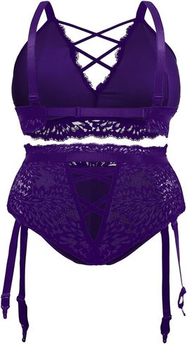 EVELUST Plus Size Lingerie for Women - Sexy Luxe Criss-cross Bra Lace Cup Classic Underwear High Waisted Suspender Set in Kuwait