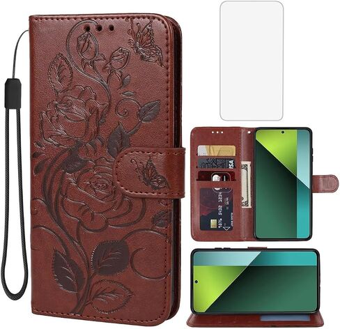 Case for Redmi Note 13 Pro 5G Case, Poco X6 5G Wallet Case with Tempered Glass Screen Protector, Flower Leather Flip Credit Card Holder Stand Phone Cover for Xiaomi Redmi Note 13 Pro 5G Red in Saudi Arabia