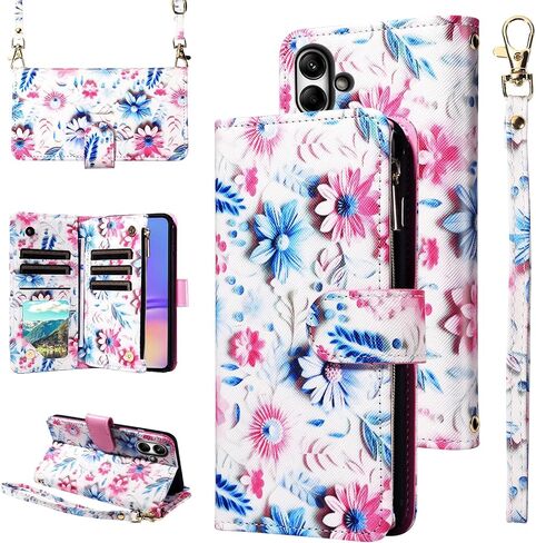 حافظة محفظة لهاتف سامسونج جالاكسي A04e مع حزام معصم قابل للفصل وحزام كتف وحزام كتف وسحاب من الجلد الزهري ومحفظة وحامل بطاقات الائتمان وغطاء هاتف AO4e A 04e بنات أسود in Kuwait