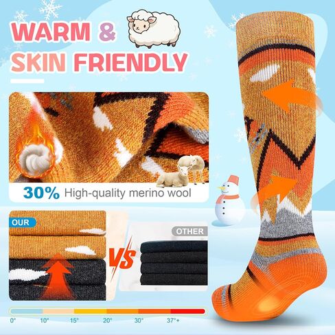 unenow Kids Knee-high Merino Wool Ski Socks 2 Pairs for Snowboarding Winter | Moisture-Wicking, Cushioning, Boys and Girls Thermal Warm Socks for Skiing, Skating, Hiking, Winter Cold Weather in Saudi Arabia