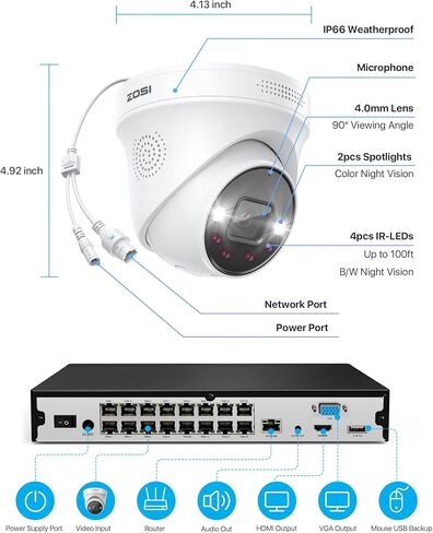ZOSI 4K PoE إضافة على الكاميرا، اكتشاف مركبة الشخص، رؤية ليلية ملونة، صفارات الإنذار الصوت والضوء، صوت في اتجاهين، كاميرا قبة أمنية منزلية بدقة 8 ميجابكسل للأماكن الخارجية والداخلية، تعمل فقط 4K PoE NVR in Kuwait