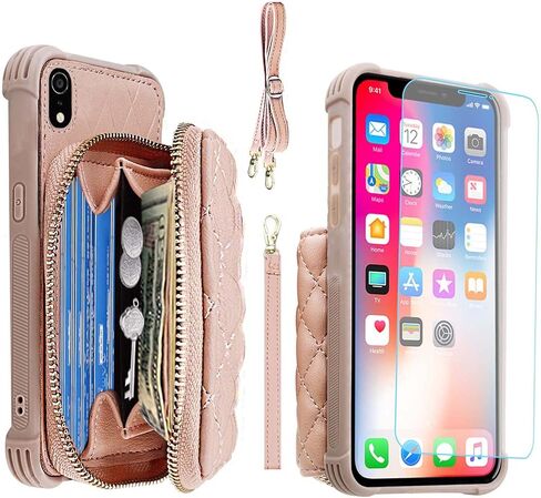 MONASAY Zipper Wallet Case for iPhone XR,[Glass Screen Protector ][RFID Blocking] Flip Leather Handbag Phone Cover with Card Holder & Detachable Crossbody Shoulder Lanyard Strap, Dark Blue in Kuwait