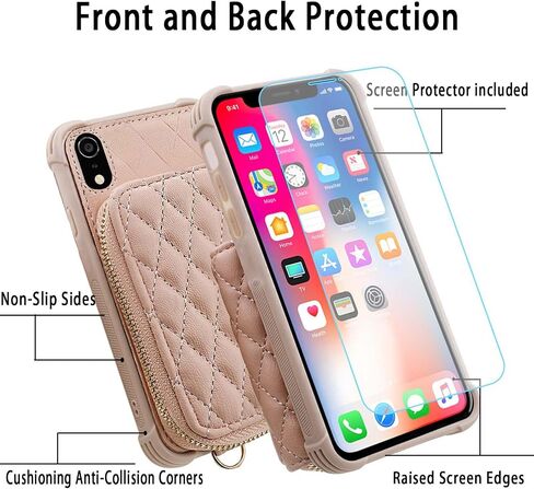 MONASAY Zipper Wallet Case for iPhone XR,[Glass Screen Protector ][RFID Blocking] Flip Leather Handbag Phone Cover with Card Holder & Detachable Crossbody Shoulder Lanyard Strap, Dark Blue in Kuwait