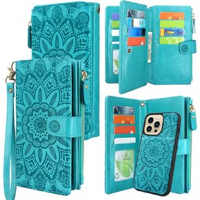 Harryshell Compatible with iPhone 13 Pro 5G 2021 Wallet Case Detachable Magnetic Cover Zipper Cash Pocket Multi Card Slots Holder Wrist Strap Lanyard Floral Flower (Blue Green) [Not fit iPhone 13]