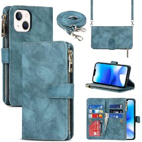 Crossbody Wallet Case for iPhone 14 Pro Max With Card Slot Holder, PU Leather Zip Pocket Folio Purse Flip Case Magnetic Closure Handbag with Detachable Lanyard Strap for iPhone 14 Pro Max- Blue