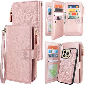Harryshell Compatible with iPhone 13 Pro 5G 2021 Wallet Case Detachable Magnetic Cover Zipper Cash Pocket Multi Card Slots Holder Wrist Strap Lanyard Floral Flower (Blue Green) [Not fit iPhone 13] in Kuwait
