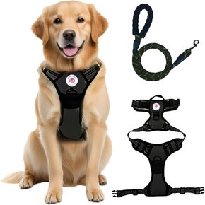 No Pull Dog Harness and Leash Set - Adjustable Soft Padded Oxford Dog Vest Harness with Easy Control Handle & 2 Leash Clips - No-Choke Reflective Dog Harness for Small, Medium and Large Dogs