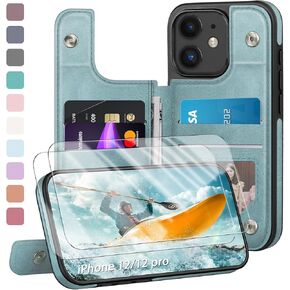 Designed for iPhone 12/12 Pro Case Wallet, Card Holder Case with [2 Screen Protectors][Magnetic Clasp Folio Cover][RFID Blocking Leather] Shockproof Women Men Cases 6.1" for Apple 12 Light Brown