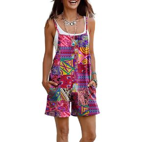 YESNO Women Summer Casual Loose Rompers Sleeveless Boho Floral Spaghetti Straps Shorts Overalls Jumpsuit with Pockets PH2