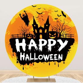 Laeacco 7.2x7.2FT Happy Halloween Round Backdrop Cover Polyester Orange Halloween Scary Night Circle Backdrop Gloomy Castle Pumpkin Lanterns Bats Ghost Halloween Trick or Treat Party Photo Studio