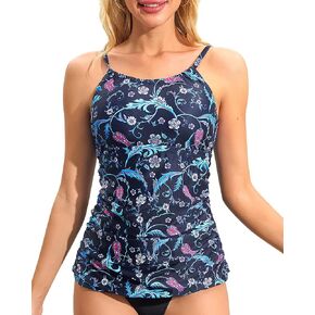 Womens Tankini Tops High Neck Bathing Suit Tops Slim Fit Ruched Swim Tops Only UPF50+