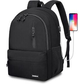 Black Backpack for Men and Women, School Backpacks for Teens Boys Girls Lightweight Casual High School Students Bookbag 15.6 Inch College Laptop Bag with USB Charging Port