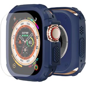 BOTOMALL Compatible with Apple Watch Ultra/Ultra 2 Bumper Case 49mm Screen Protector Tempered Glass,Rugged Military Grade Flexible Shockproof TPU Face Cover for iWatch Men Womens
