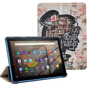 حافظة لجهاز Amazon Kindle Fire HD 8 & 8 Plus Tablet الجيل الثاني عشر/العاشر إصدار 2022/2020، غطاء خلفي نحيف ذو حامل ثلاثي الطي مع خاصية التنبيه/النوم التلقائي، لمحبي الكتب