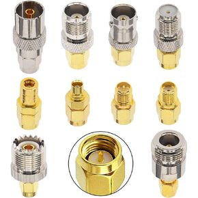 SMA Connectors Kit SMA Adapter Kit SMA Male Plug to UHF PL259 SMA RP-SMA BNC MCX TV N F Type SMB TNC Male Female RF Coax Connector Nickel Gold Plated Connector Set 10PCS