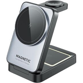 2024 Upgraded 3-in-1 Wireless Charger for iPhone,Travel Magnetic Charger Stand Nightlight Foldable Wireless Charging Station Compatible with Magsafe Charger&iPhone 16/15/14/13/12,Apple Watch&AirPods
