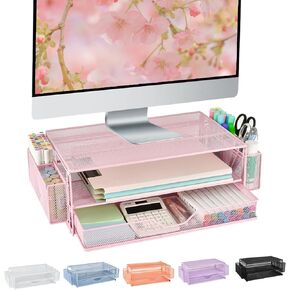 AUPSEN 2 Tier Computer Monitor Stands with Drawers and 2 Pen Holder, Desk Accessories & Workspace Desk Organizers, Desktop Organizer for Computer, Laptop, Printer, Office Supplies(Rose Gold)