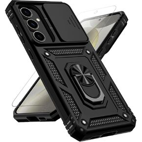 for Samsung Galaxy S24 FE Case with Slide Camera Cover HD Screen Protector [Military Grade 16ft. Drop Tested] Magnetic Ring Holder Kickstand Protective Phone Case for Galaxy S24 FE 5G 2024, Black