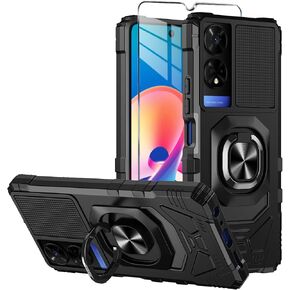 حافظة هاتف TCL 50 XE 5G، حافظة TCL 50 XE Nxtpaper 5G مع واقي شاشة من الزجاج المقسى، غطاء واقٍ مقاوم للصدمات من الدرجة العسكرية، مع مسند حلقي لـ 50 XE 5G (أسود)