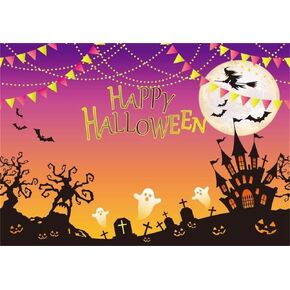 AOFOTO 10x7ft Happy Halloween Backdrop Scary Haunted Castle Horror Graveyard Photography Background Cross Cemetery Sorceress Ghost Gravestone Witch Grimace Pumpkin Bat Moon Night Party Banner Props