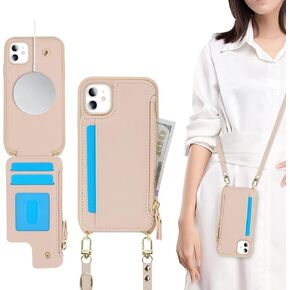 for iPhone 11 with Zipper Card Holders and Strap for Women, iPhone 11 Phone Case Wallet Compatible PU Leather Button Flip Shockproof Wallet Case for iPhone 11-White