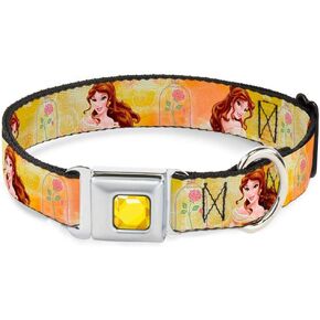 Buckle-Down Seatbelt Buckle Dog Collar - Belle Poses/Enchanted Rose/Story Script Yellow/Pinks - 1" Wide - Fits 15-26" Neck - Large