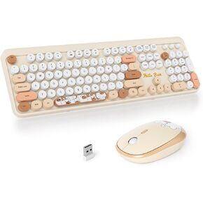 Wireless Typewriter Keyboard and Mouse Combo Retro 104 Key Full Size Office Set Pink Keyboard with Silent Round Keycaps, Ideal for Laptop and Desktop PCs, Cute esign Keyboard.(Pink)