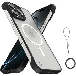 Frameless Magnetic Case for iPhone 16 Pro, [Compatible with MagSafe] [Full Camera Coverage] Ultra Thin Matte Hard PC Shockproof TPU Bumper Non-Slip Rope Pull Ring for 16 Pro, 6.3'' - Black