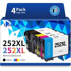 TEINO 252XL 252 Ink Cartridges Combo Pack Remanufactured Ink Cartridge Replacement for Epson 252 XL 252XL for Workforce WF-7710 WF-3640 WF-7720 WF-3620 WF-7620 (Black Cyan Magenta Yellow, 4-Pack)
