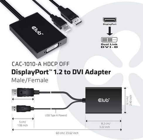 محول Club 3D DisplayPort إلى DVI-D Dual Link HDCP Off Active Male/B باللون الأسود in Kuwait