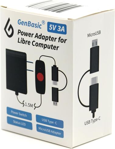 مصدر طاقة USB من النوع C 5V 3A 15W UL مع مؤشر مفتاح الطاقة ومحول MicroUSB للوحة الكمبيوتر Raspberry Pi 3/4 Libre (حزمة واحدة، مفتاح LED أحمر أمريكي) in Kuwait