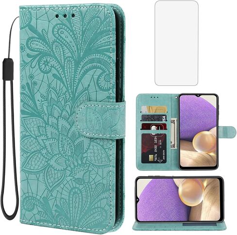 Case for Galaxy A32 5G Case, Samsung M32 5G A326 Wallet Case with Tempered Glass Screen Protector, Lace Flower PU Leather Flip Credit Card Holder Phone Cover for Samsung Galaxy A32 5G Dark Blue in Saudi Arabia