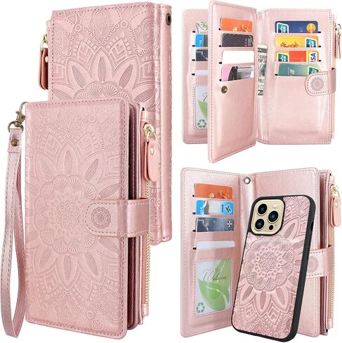 Harryshell Compatible with iPhone 13 Pro 5G 2021 Wallet Case Detachable Magnetic Cover Zipper Cash Pocket Multi Card Slots Holder Wrist Strap Lanyard Floral Flower (Blue Green) [Not fit iPhone 13] in Kuwait