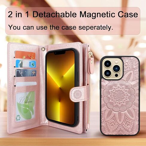 Harryshell Compatible with iPhone 13 Pro 5G 2021 Wallet Case Detachable Magnetic Cover Zipper Cash Pocket Multi Card Slots Holder Wrist Strap Lanyard Floral Flower (Blue Green) [Not fit iPhone 13] in Kuwait