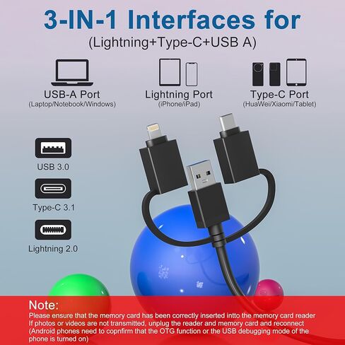 قارئ محول Memory Stick pro Duo - قارئ بطاقات 7 في 3 SD/TF/MS/CF/XD لأجهزة iPhone/USB-C/USB 3.0 بسرعة 5 جيجابت في الثانية، محول قارئ بطاقات الذاكرة المتعددة، قارئ بطاقات الصور XD يقرأ 5 بطاقات في وقت واحد in Kuwait