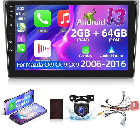 [2+64G] Android 13 Car Stereo for Mazda CX9 CX-9 CX 9 2006-2016 -10.1 inch HD Touchscreen EQ Audio - Wireless Carplay & Android Auto, Mirror Link, FM/RDS Radio, WiFi, GPS + AHD Backup Camera + Canbus in Saudi Arabia