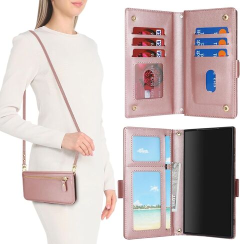for Samsung Galaxy A15 Phone Case Wallet with Card Holder for Women,A15 Case with Strap Crossbody Lanyard,Leather Shockproof Stand Zipper Pocket Flip Case-Dark red in Kuwait