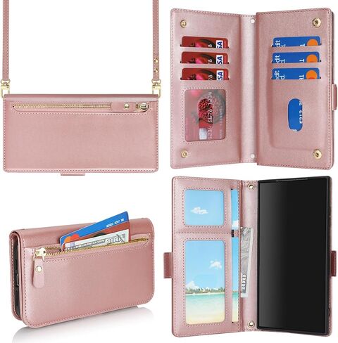 for Samsung Galaxy A15 Phone Case Wallet with Card Holder for Women,A15 Case with Strap Crossbody Lanyard,Leather Shockproof Stand Zipper Pocket Flip Case-Dark red in Kuwait