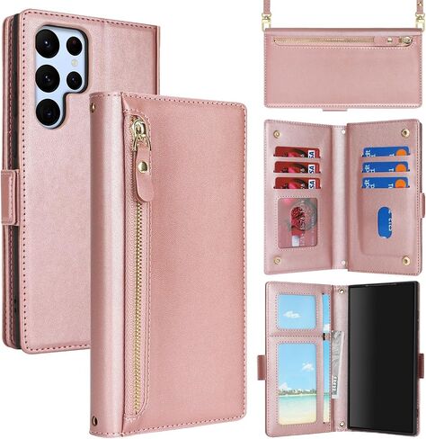 for Samsung Galaxy A15 Phone Case Wallet with Card Holder for Women,A15 Case with Strap Crossbody Lanyard,Leather Shockproof Stand Zipper Pocket Flip Case-Dark red in Kuwait