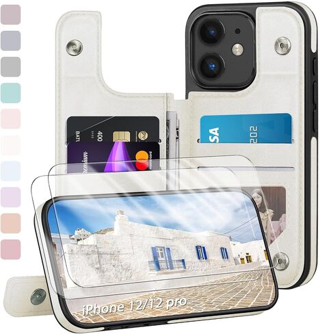Designed for iPhone 12/12 Pro Case Wallet, Card Holder Case with [2 Screen Protectors][Magnetic Clasp Folio Cover][RFID Blocking Leather] Shockproof Women Men Cases 6.1" for Apple 12 Light Brown in Saudi Arabia