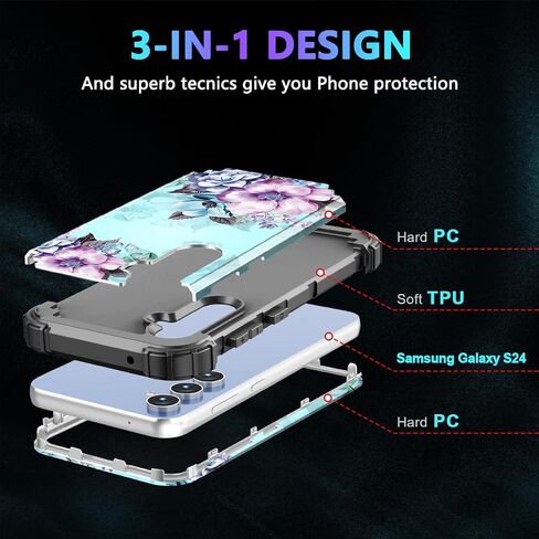 Casetego متوافق مع حافظة Galaxy S24 5G، ثلاث طبقات شديدة التحمل وقوية ومضادة للصدمات وحماية كاملة للجسم من البولي كربونات الصلب + حافظة ناعمة من مادة TPU لهاتف Samsung Galaxy S24 6.2 بوصة 2024، فراشة in Kuwait