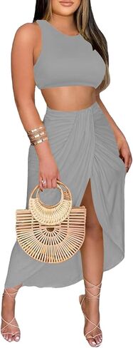 LYANER Women's 2 Piece Outfits Sleeveless Tank Crop Top and Wrap Split Slit Ruched Bodycon Midi Skirt in Saudi Arabia